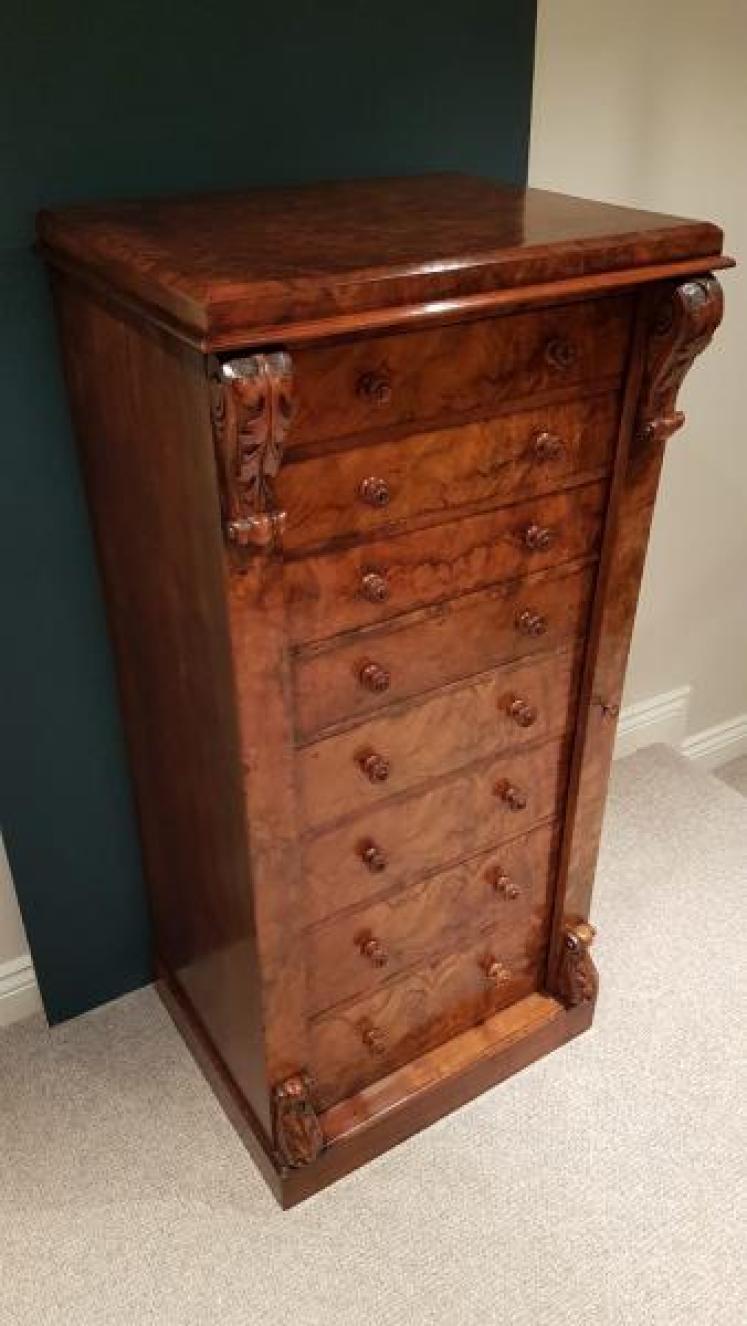Early Victorian Burr Walnut Secretaire Wellington Chest - Image 4