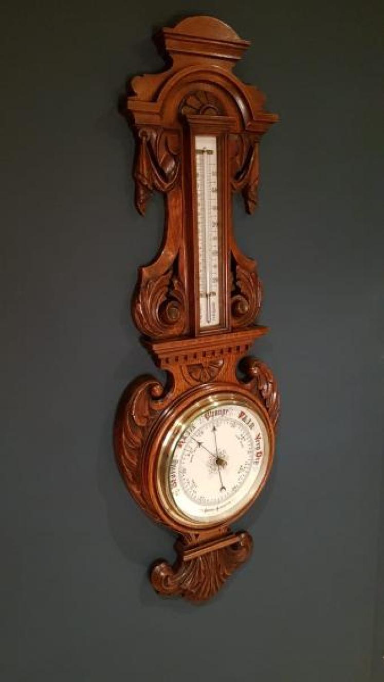 Impressive Antique Victorian Carved Oak Banjo Barometer - Image 1