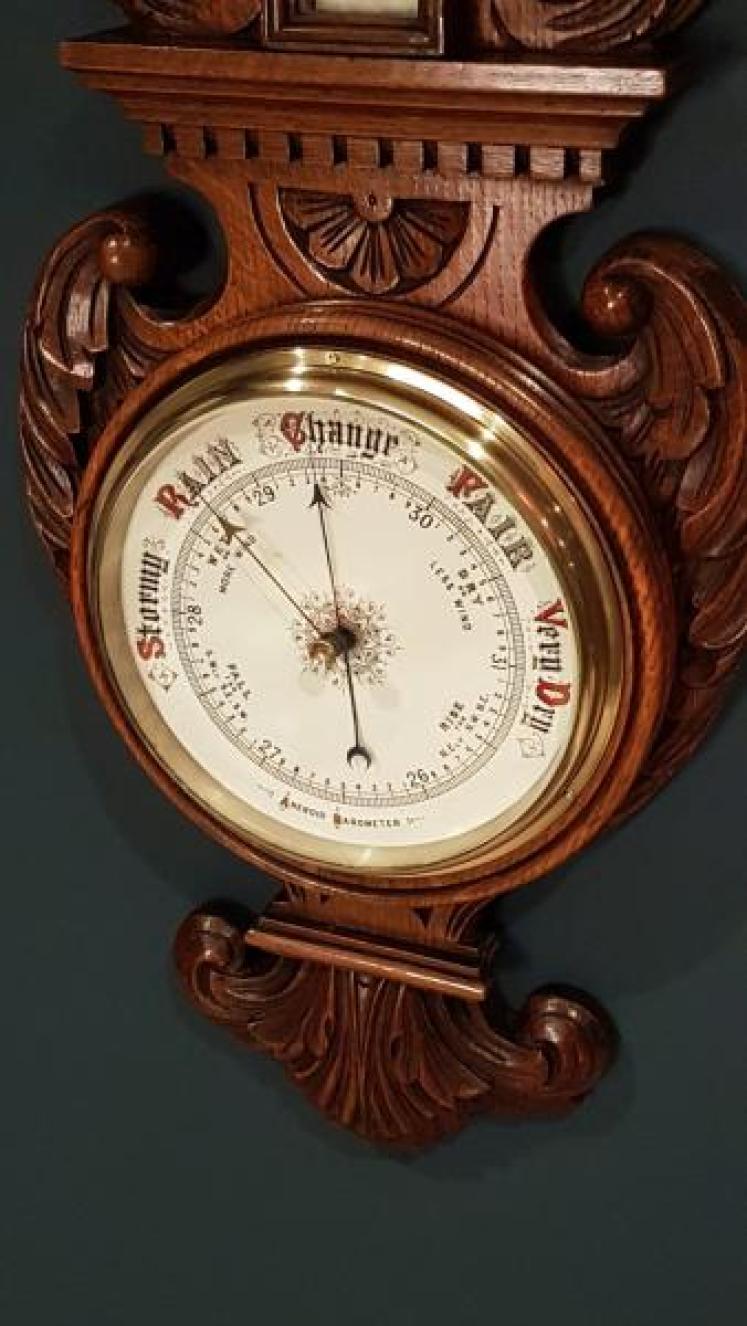 Impressive Antique Victorian Carved Oak Banjo Barometer - Image 2