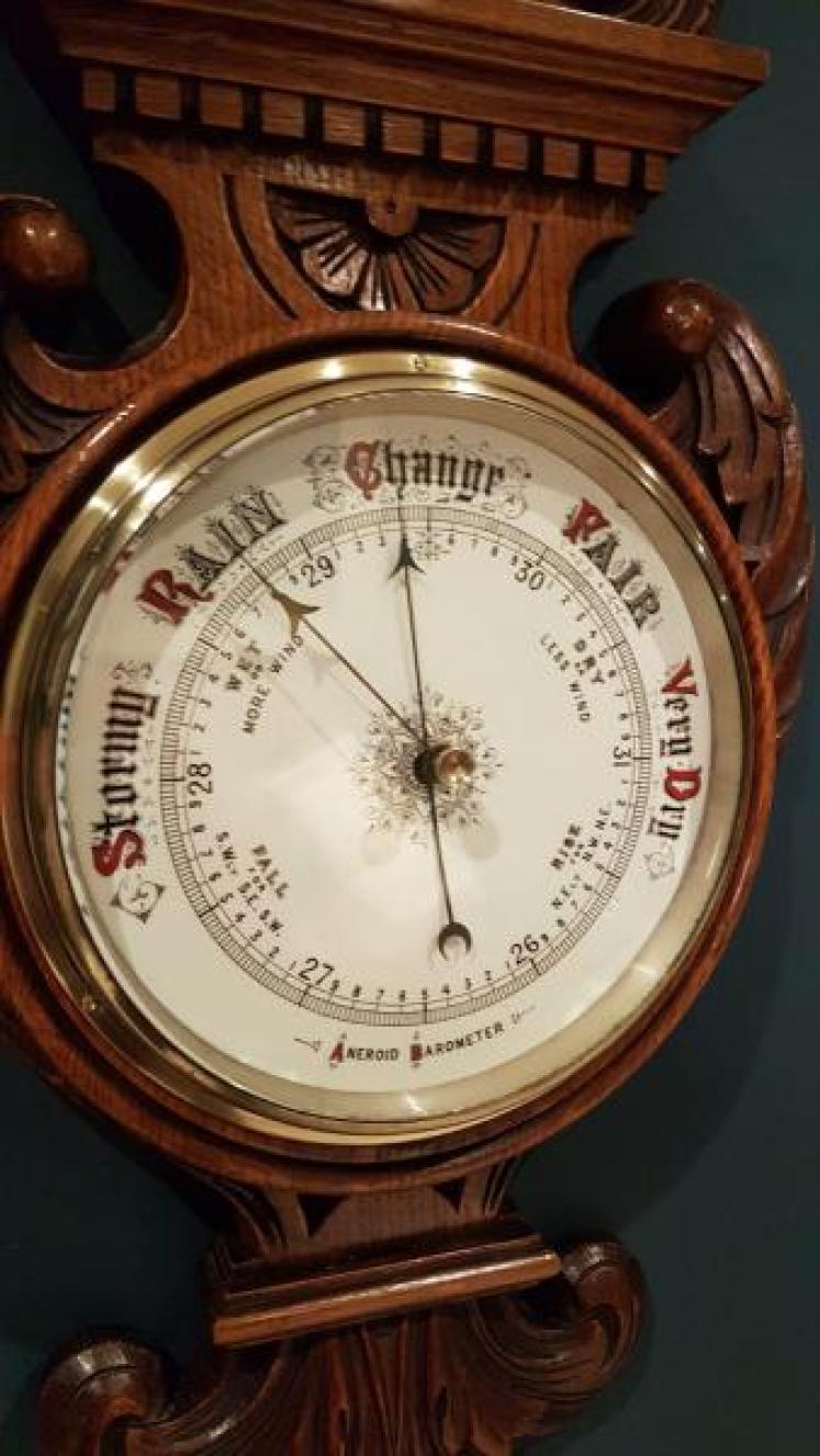 Impressive Antique Victorian Carved Oak Banjo Barometer - Image 4