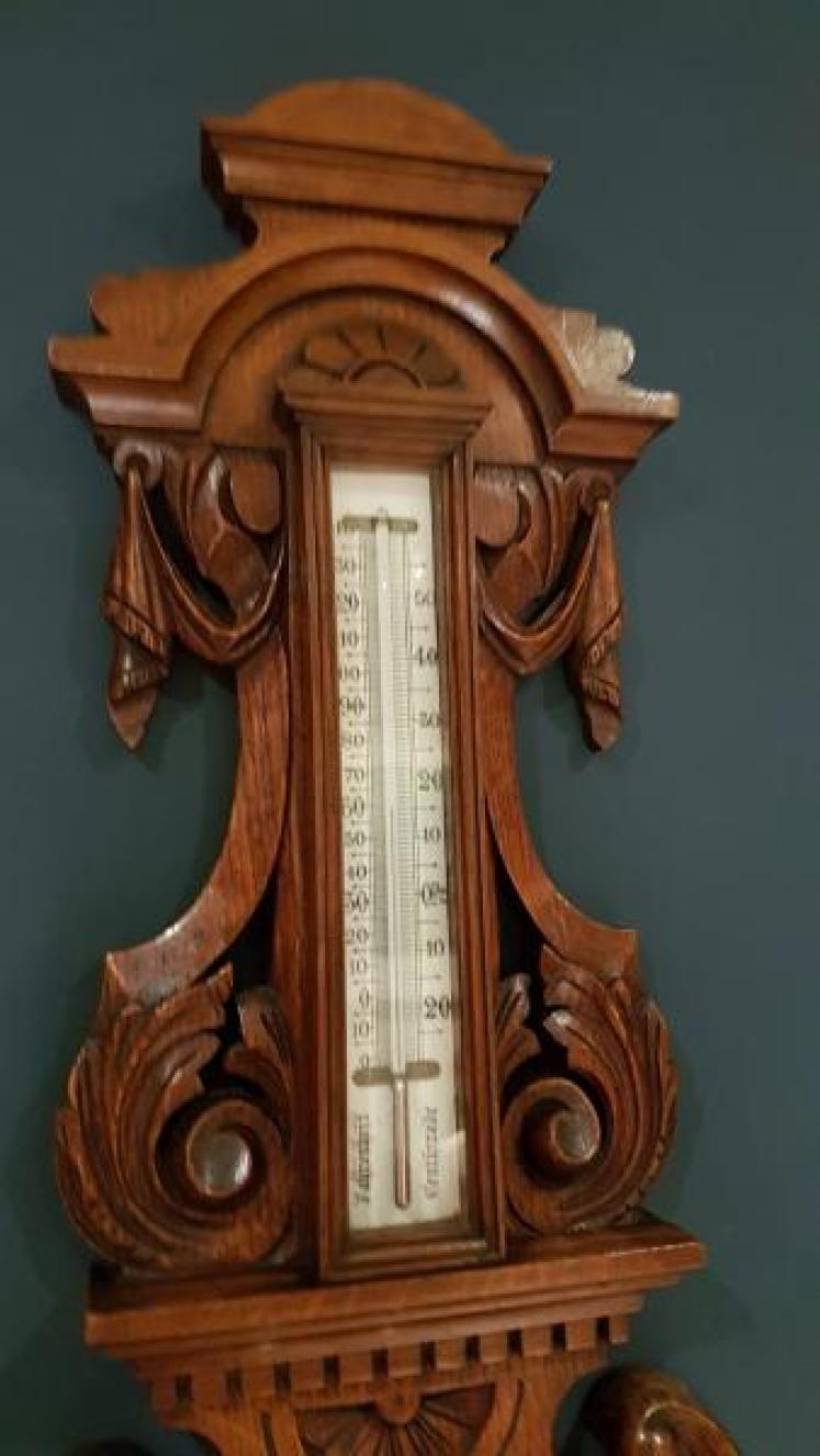 Impressive Antique Victorian Carved Oak Banjo Barometer - Image 5