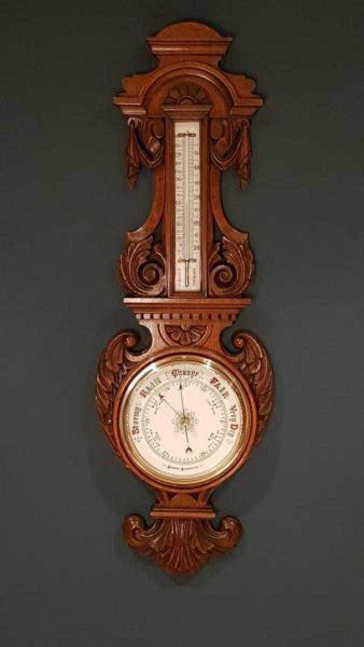 Impressive Antique Victorian Carved Oak Banjo Barometer - Image 6