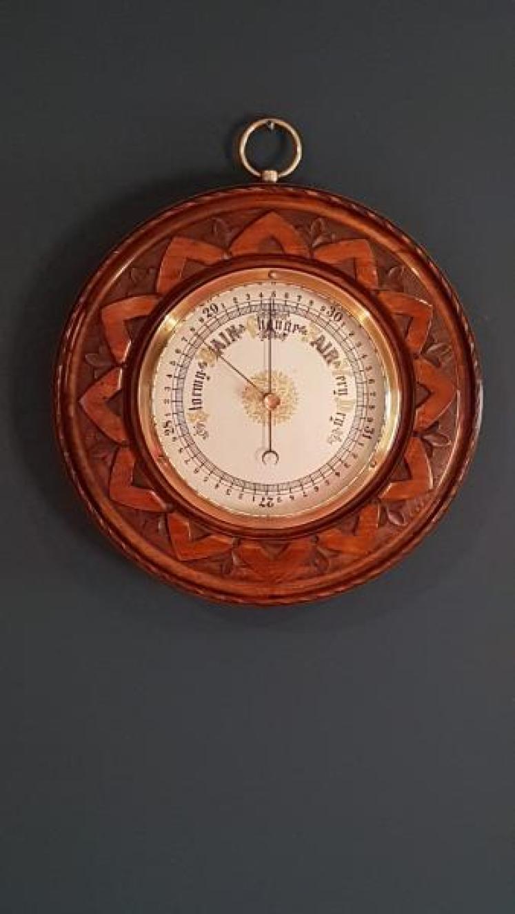 Victorian Carved Walnut Aneroid Barometer with  Silvered Dial - Image 1