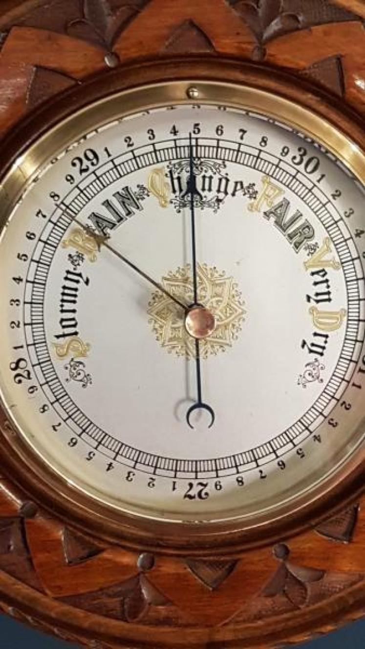 Victorian Carved Walnut Aneroid Barometer with  Silvered Dial - Image 2
