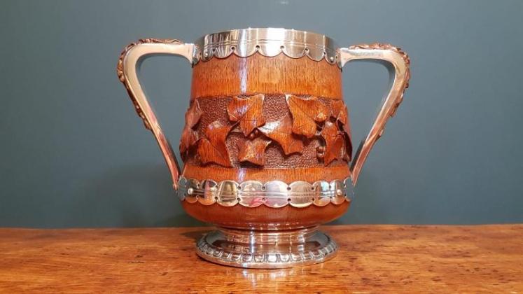 Large Antique Carved Oak and Silver Plate Loving Cup - Image 1