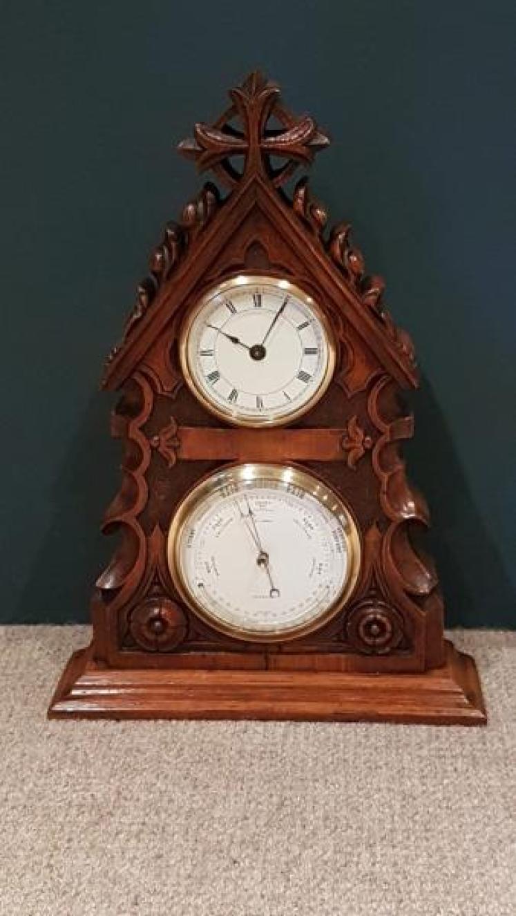 Victorian Carved Oak Desktop Clock and Barometer - Image 1