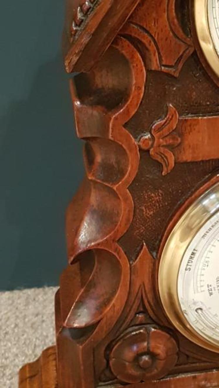 Victorian Carved Oak Desktop Clock and Barometer - Image 4