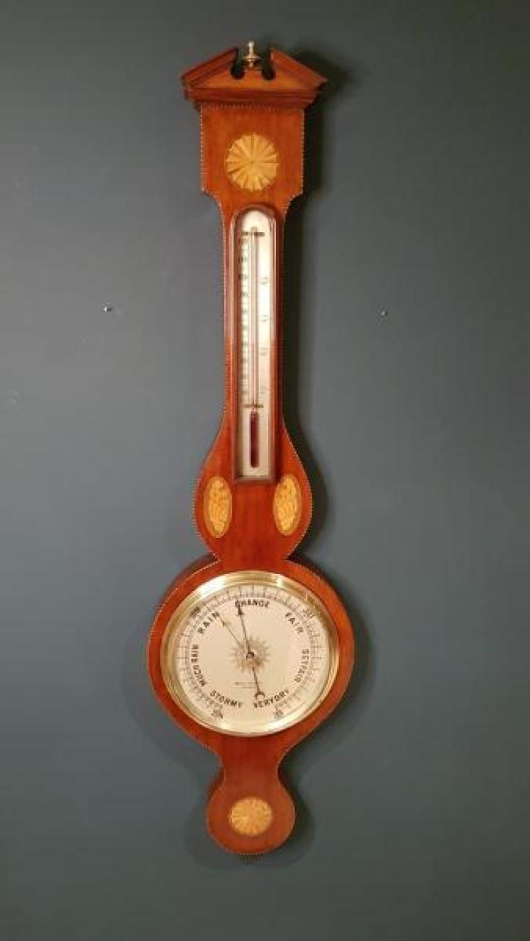 Antique Sheraton Inlaid Banjo Barometer by Maple & Co London - Image 1