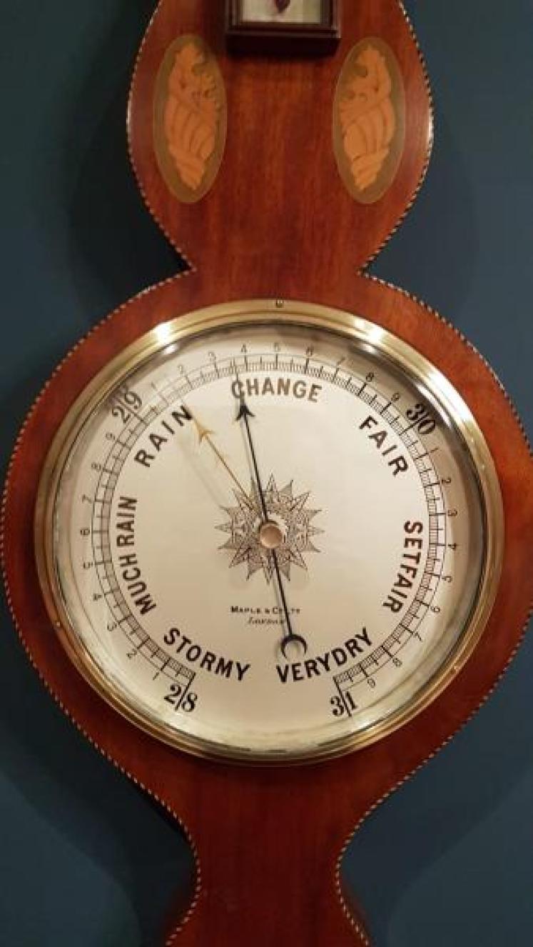 Antique Sheraton Inlaid Banjo Barometer by Maple & Co London - Image 4