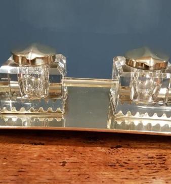 Large Art Nouveau Brass and Cut Crystal Ink Stand