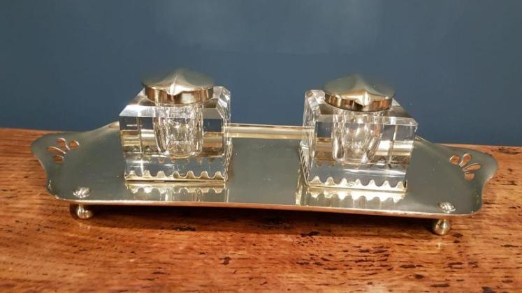Large Art Nouveau Brass and Cut Crystal Ink Stand - Image 1