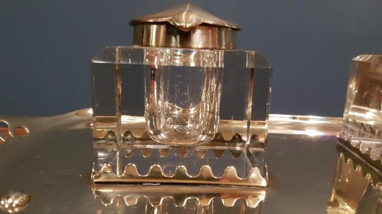 Large Art Nouveau Brass and Cut Crystal Ink Stand - Image 7