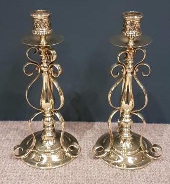 Unusual Pair of Antique Decorative Brass Candlestick