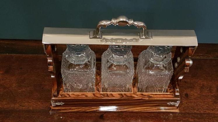 Antique Walnut Betjamann's Three Bottle Tantalus - Image 2