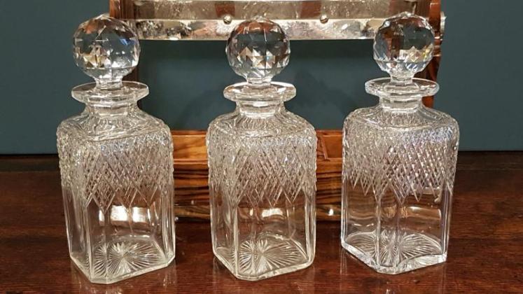 Antique Walnut Betjamann's Three Bottle Tantalus - Image 3