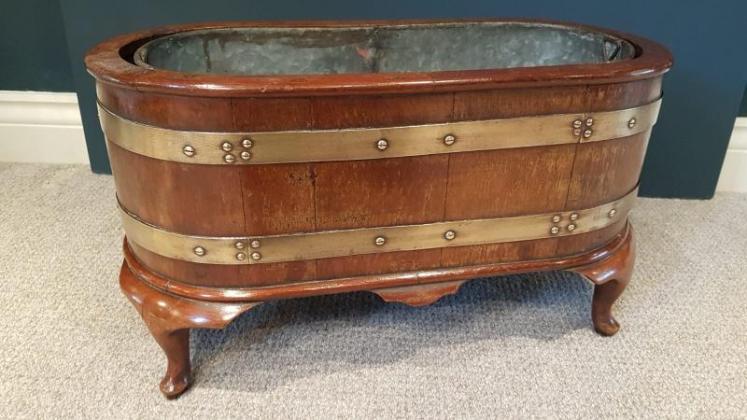 Antique Brass Bound Mahogany Planter and Liner - Image 1