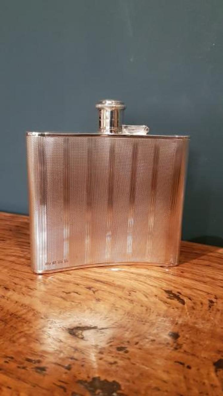 Antique Solid Silver Engine Turned Hip Flask - Image 1
