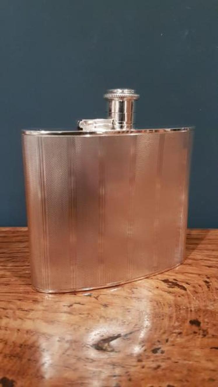 Antique Solid Silver Engine Turned Hip Flask - Image 2