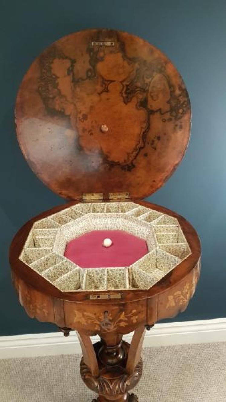 Superb Antique Inlaid Burr Walnut Work Table - Image 3