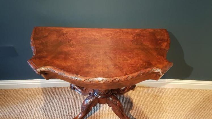 Mid Victorian Burr Walnut Fold Over Card Table - Image 4