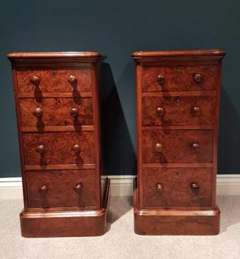 Matching Pair of Antique Burr Walnut Bedside Chests
