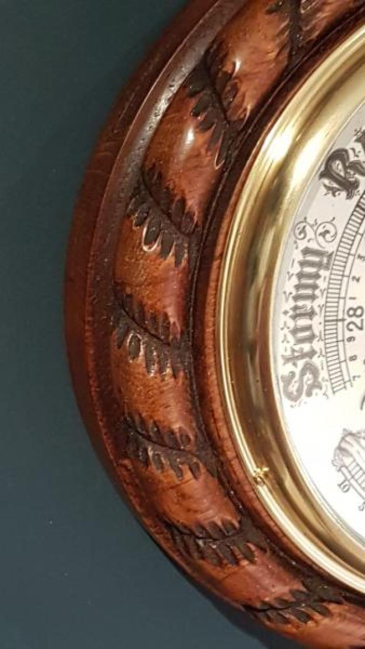 Antique Oak Ships Barometer with Crescent Thermometer - Image 5