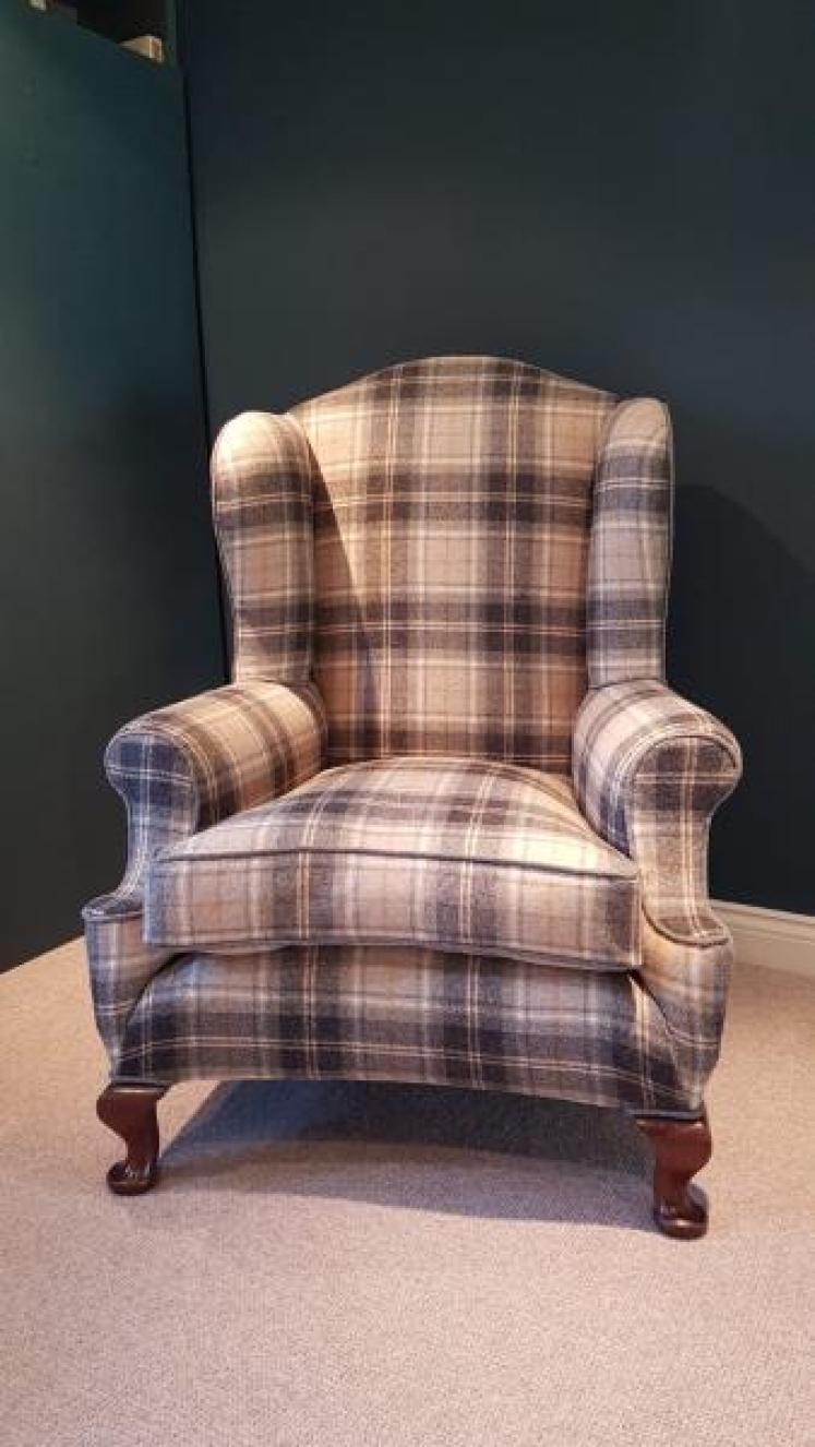 Antique Wing Back Arm Chair in Abraham Moon Fabric - Image 1
