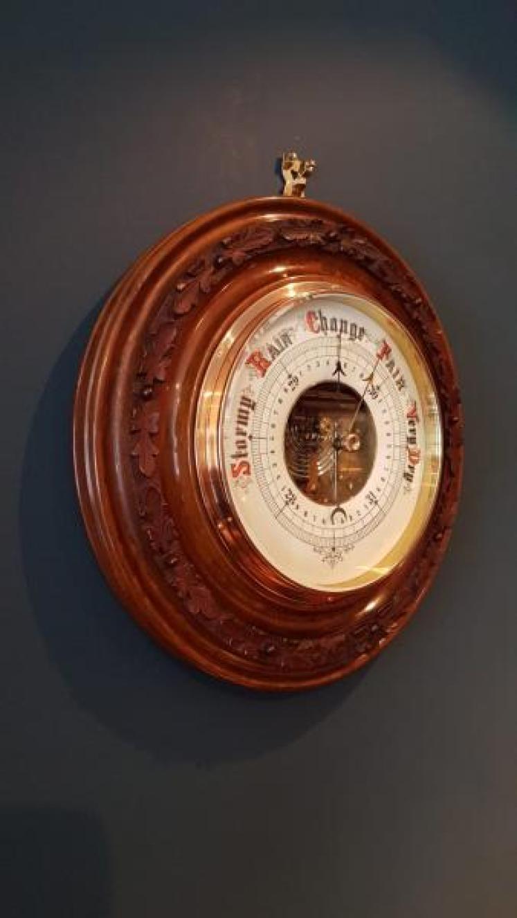 Large Antique Carved Walnut Wheel Barometer  - Image 3