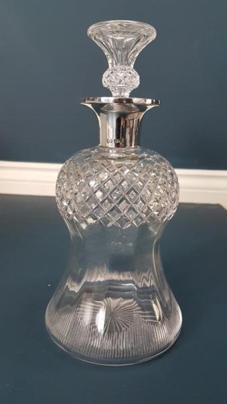 Victorian Cut Crystal Thistle Shaped Decanter with Silver Rim - Image 1