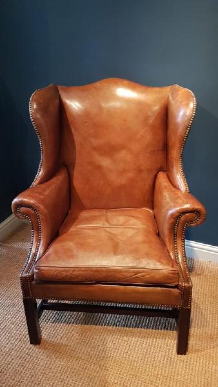 Antique Leather Wing Back Arm Chair - Image 1