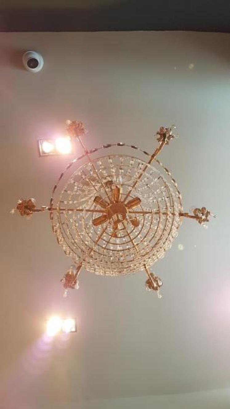 1950's Gilt Brass and Cut Crystal Chandelier - Image 2