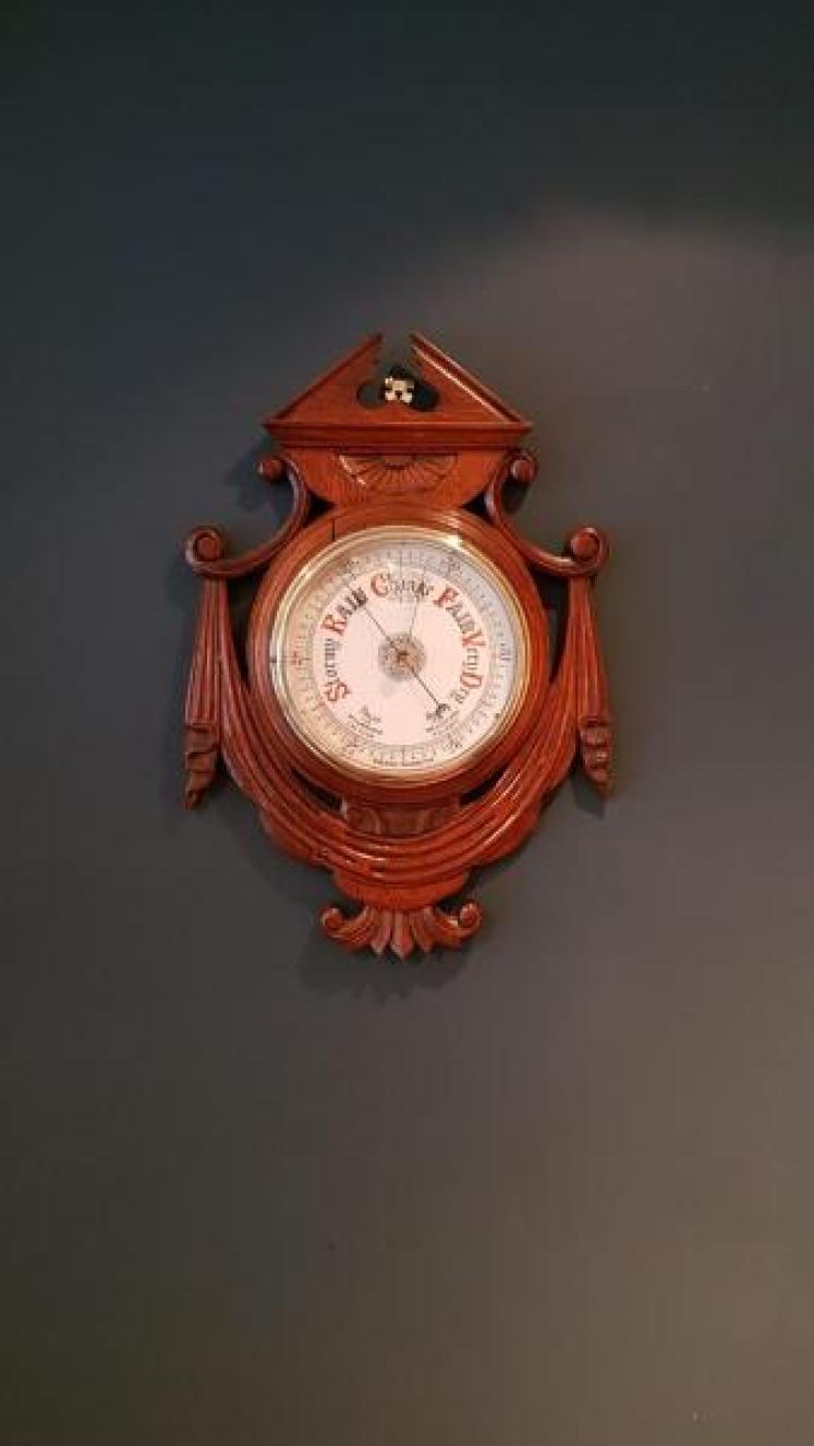 Large Antique Carved Oak Aneroid Barometer - Image 1