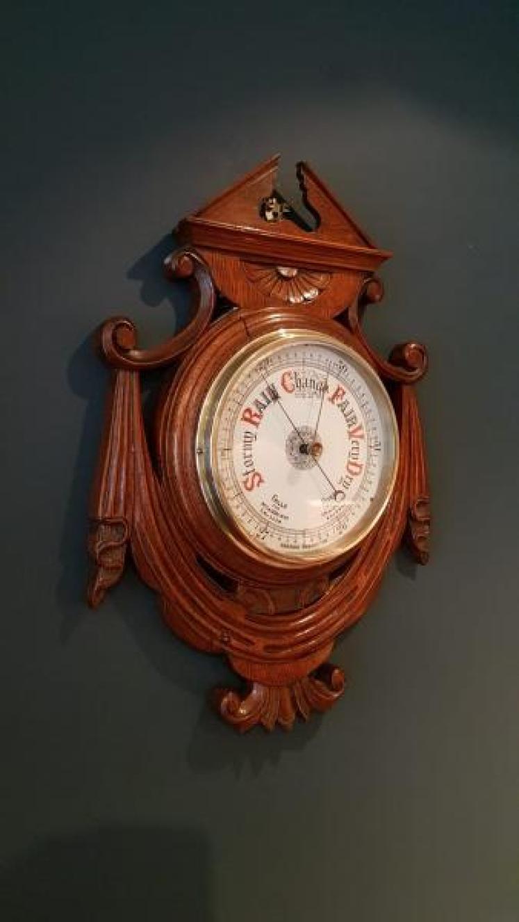 Large Antique Carved Oak Aneroid Barometer - Image 2