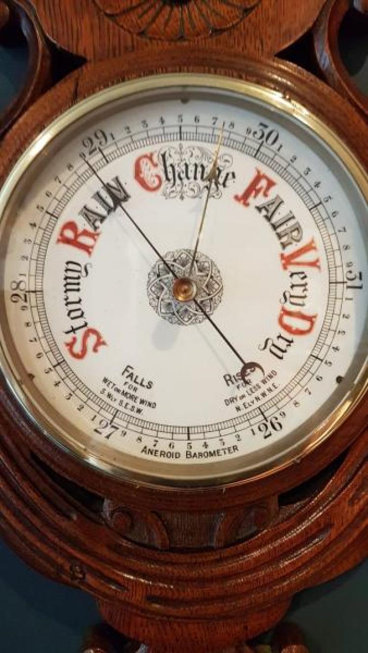 Large Antique Carved Oak Aneroid Barometer - Image 3