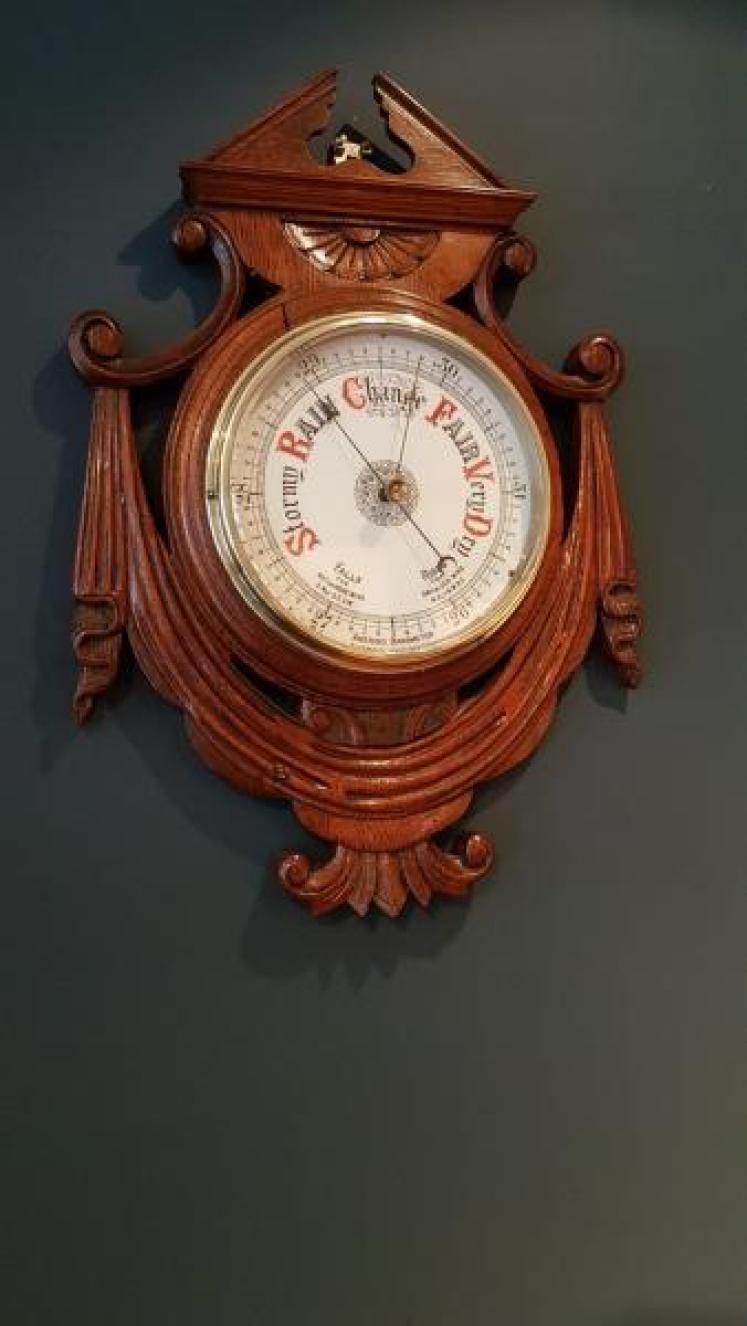 Large Antique Carved Oak Aneroid Barometer - Image 6