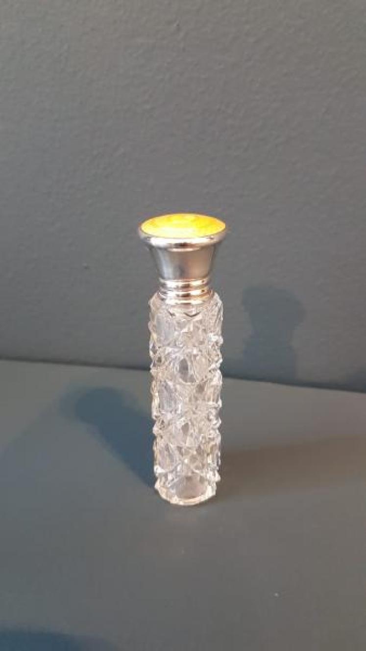 Cut Crystal and Silver Engine Turned Enamel Scent Bottle - Image 1