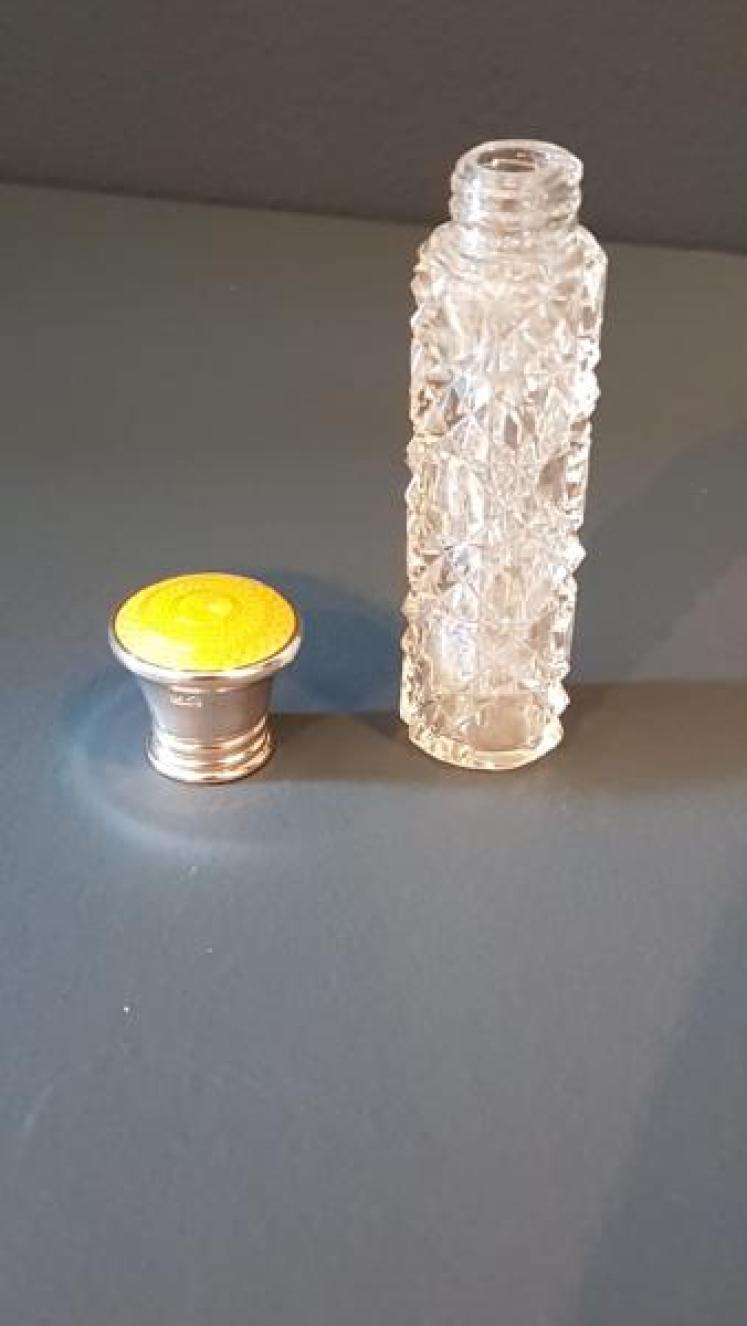 Cut Crystal and Silver Engine Turned Enamel Scent Bottle - Image 2