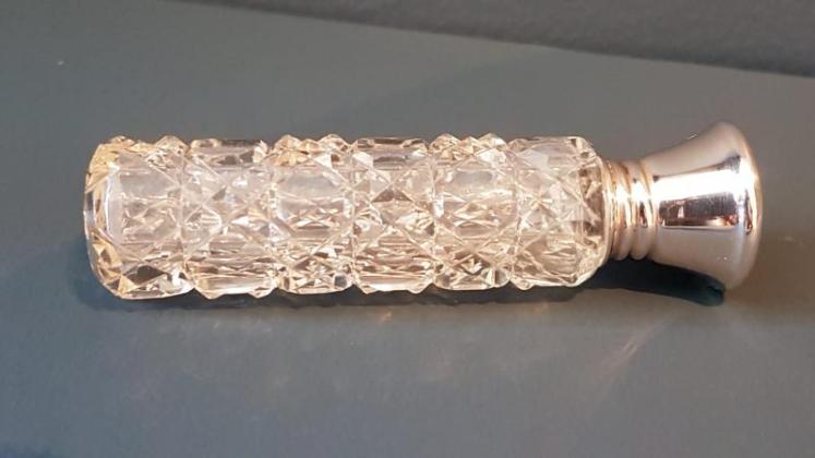 Cut Crystal and Silver Engine Turned Enamel Scent Bottle - Image 3