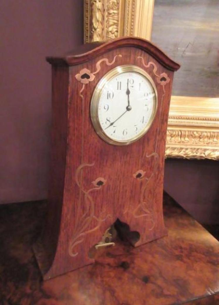 Art Nouveau Copper & Ebony Inlaid Mantel Clock - Image 1