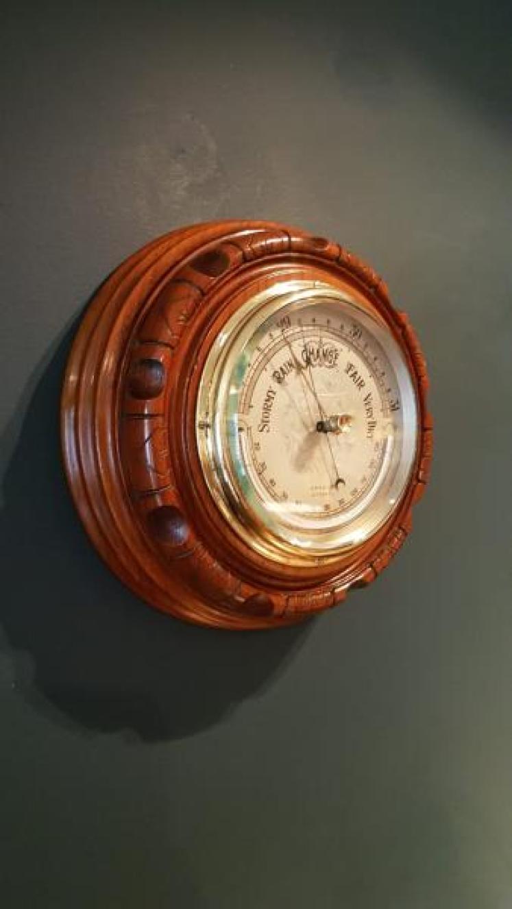 Antique Silver Dial Aneroid Barometer with Crescent Thermometer - Image 2