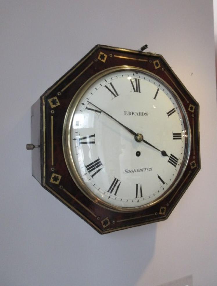 Antique Flame Mahogany & Brass Inlaid Fusee Wall Clock - Image 1