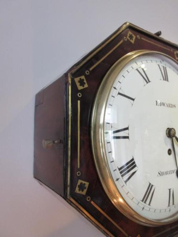 Antique Flame Mahogany & Brass Inlaid Fusee Wall Clock - Image 3