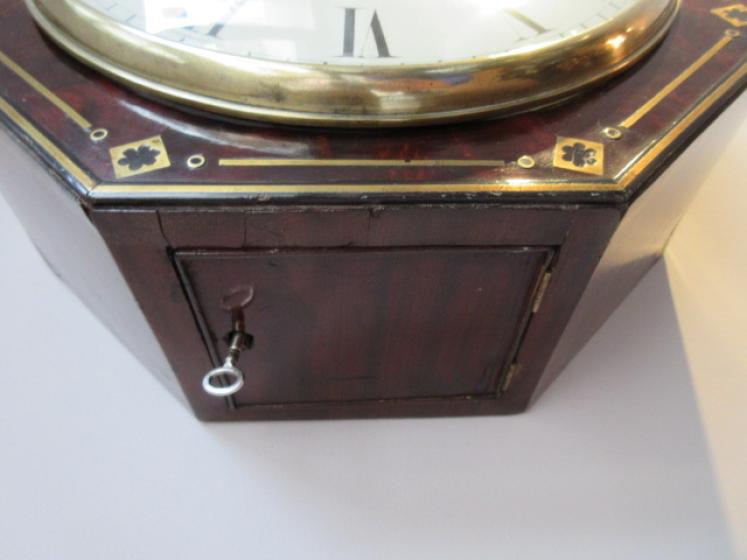 Antique Flame Mahogany & Brass Inlaid Fusee Wall Clock - Image 4