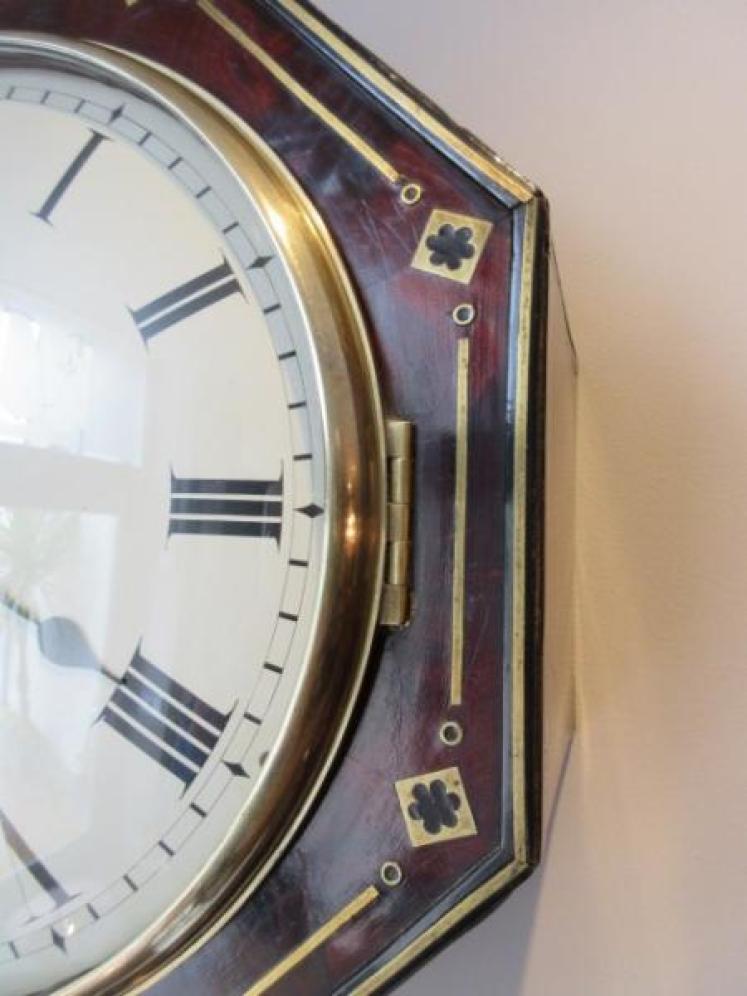 Antique Flame Mahogany & Brass Inlaid Fusee Wall Clock - Image 5