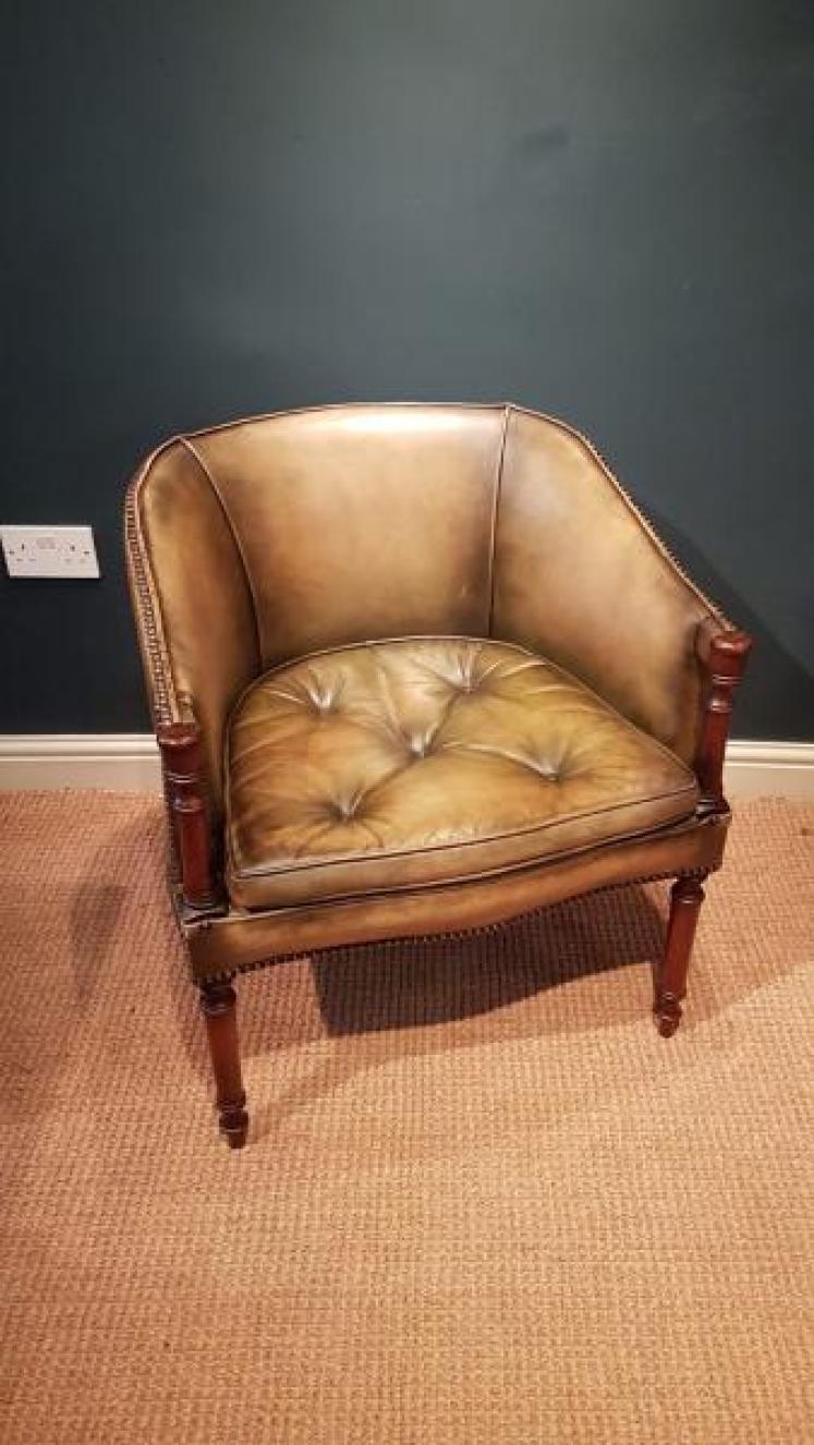 1920's Olive Hide Tub Chair - Image 1