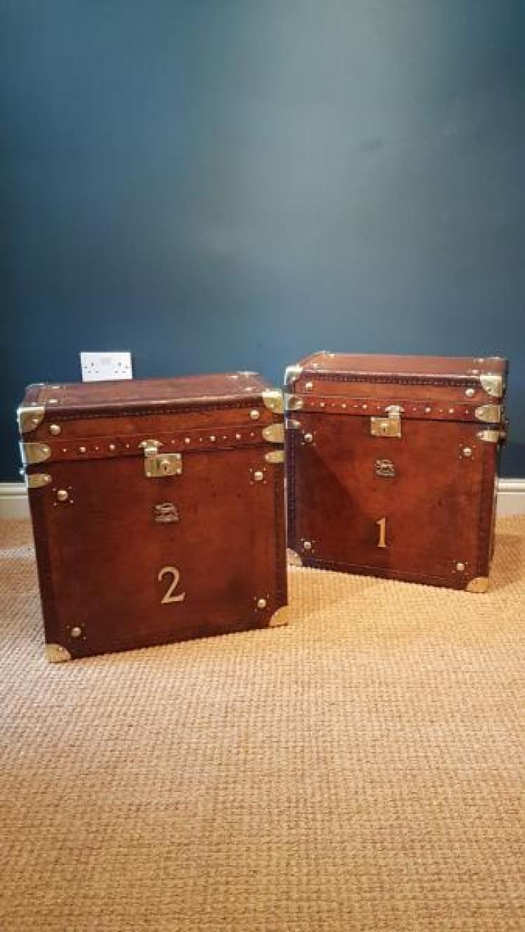 Pair of Antique Leather Bound Military Trunks - Image 1
