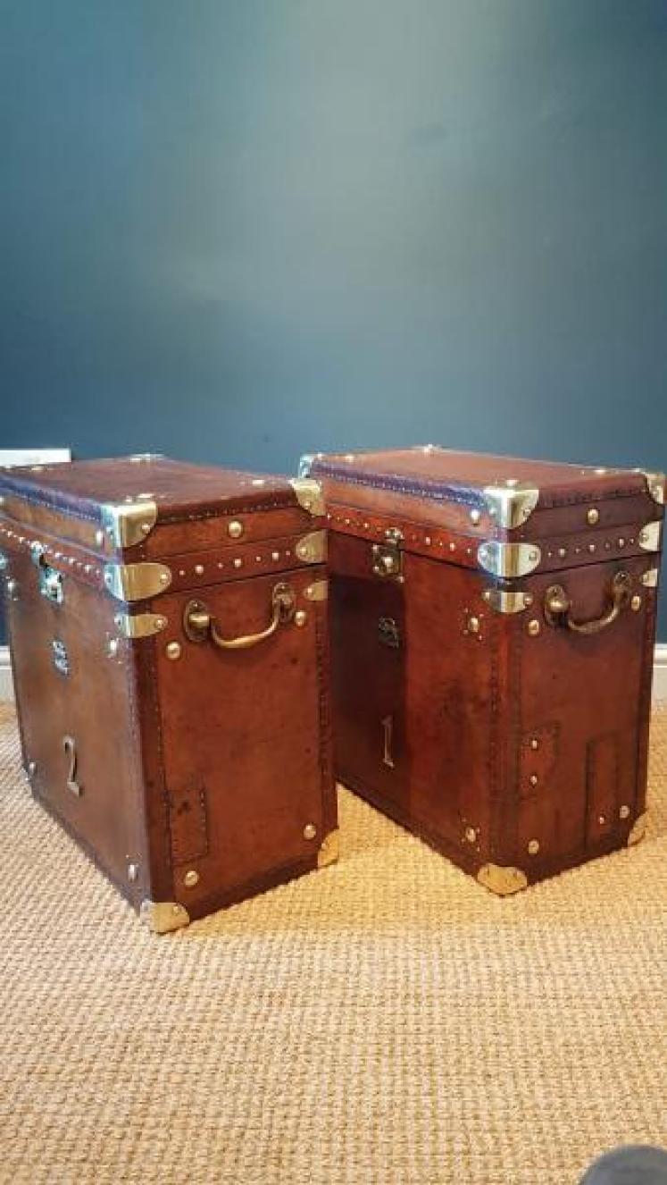 Pair of Antique Leather Bound Military Trunks - Image 3