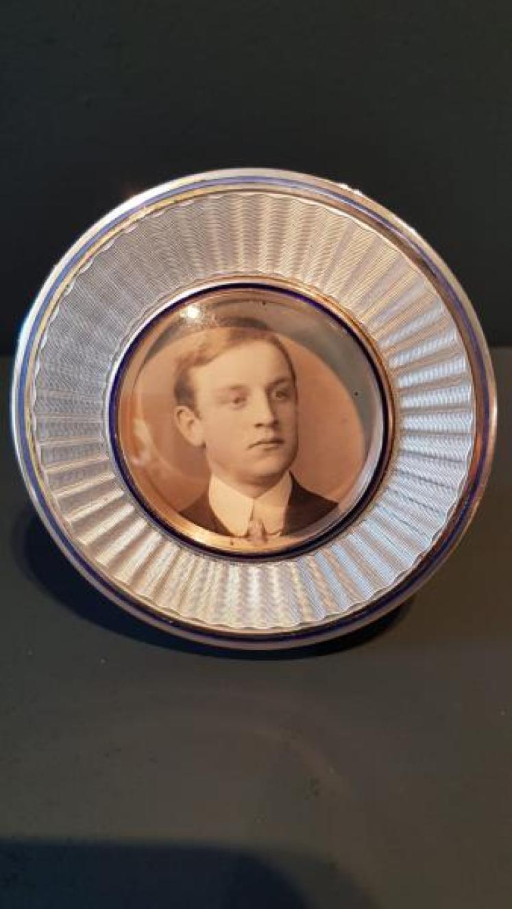 Silver and Pale Blue Engine Turned Enamel Photo Frame - Image 1