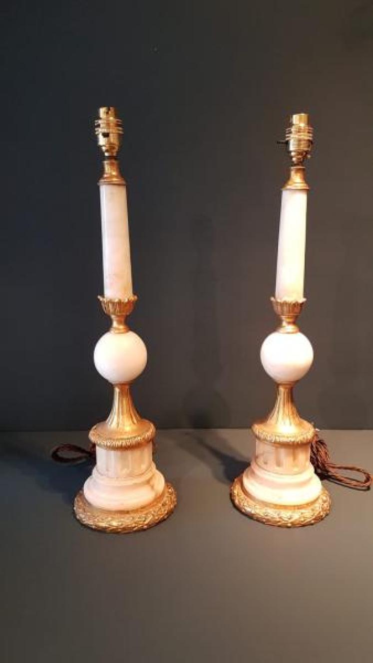 Matching Pair of 1920's Alabaster and Ormolu Table Lamps - Image 1
