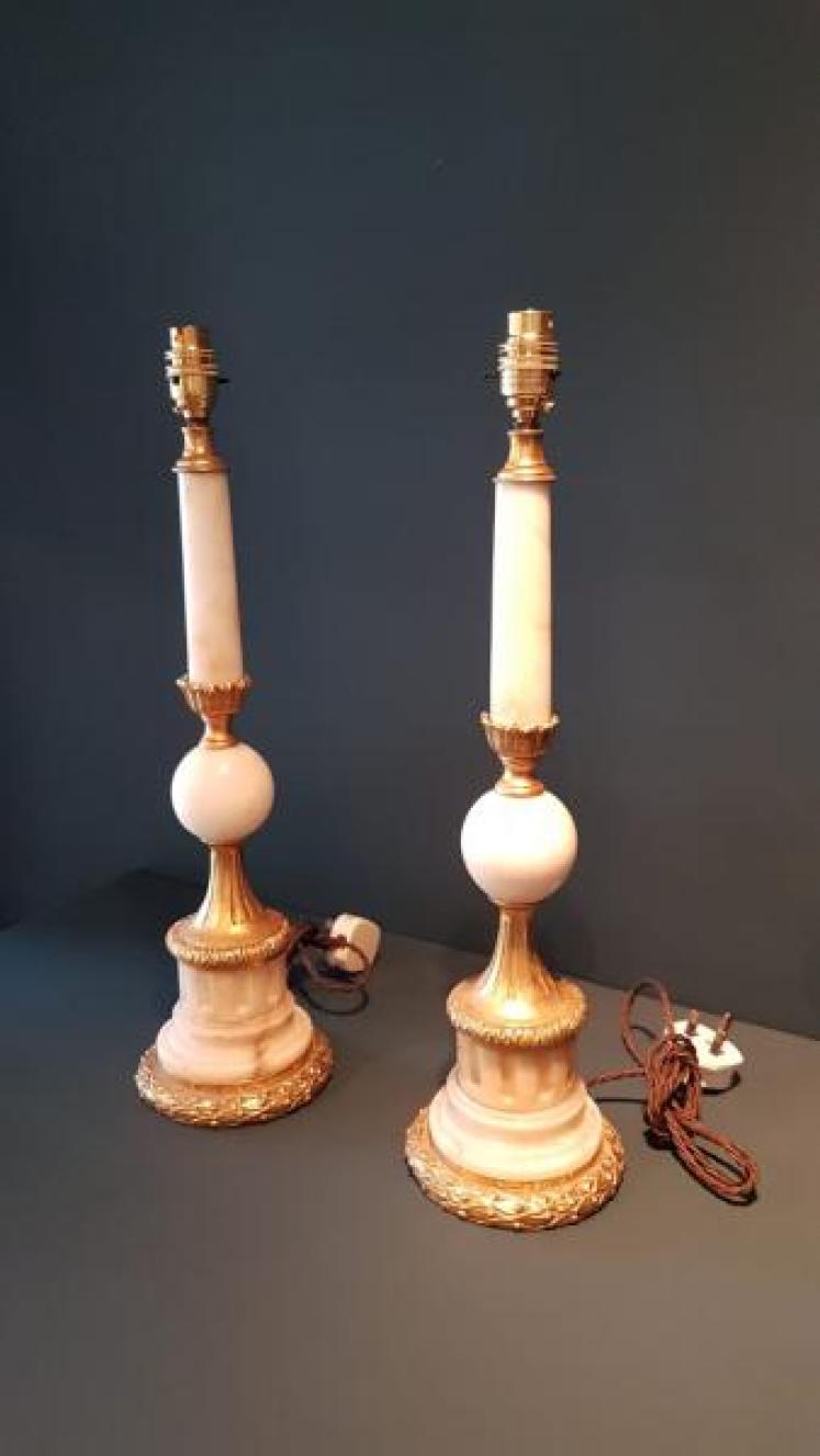 Matching Pair of 1920's Alabaster and Ormolu Table Lamps - Image 7